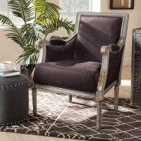 Baxton Studio ASS1103-CC Georgette Classic and Traditional French Inspired Brown Velvet Upholstered Grey Finished Armchair with Goldleaf Detailing